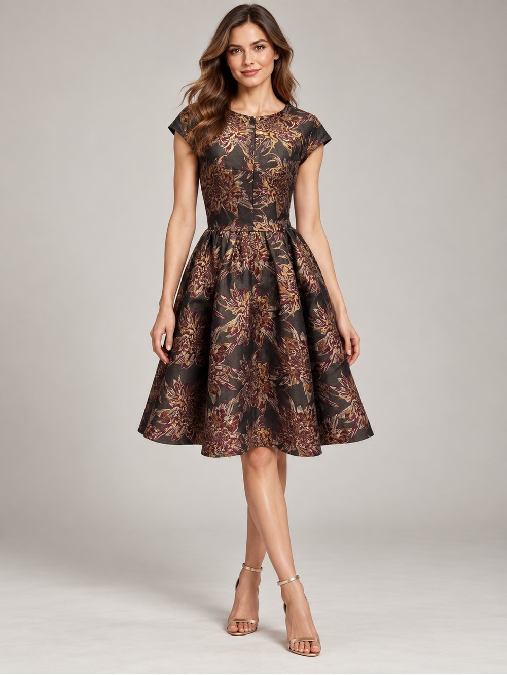Ted Baker London Black Floral Brocade Midi Dress with Gold Accents